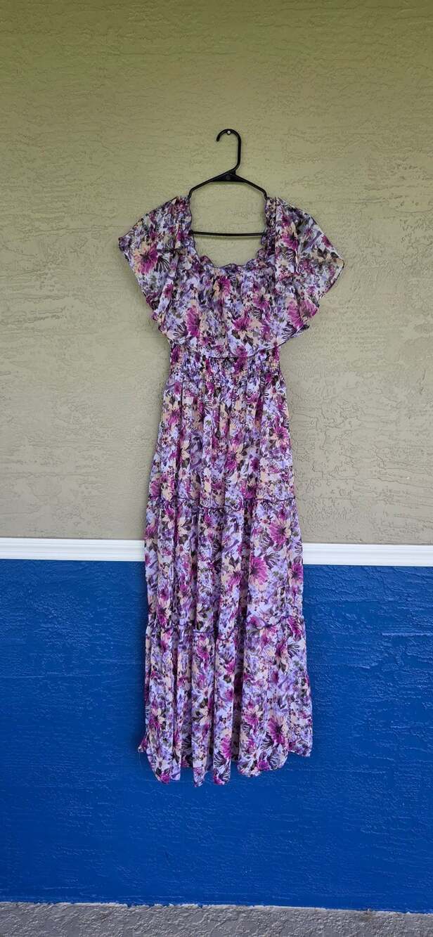 Rabbit Rabbit Designs Floral Maxi Dress Size 12 Purple Off Shoulder